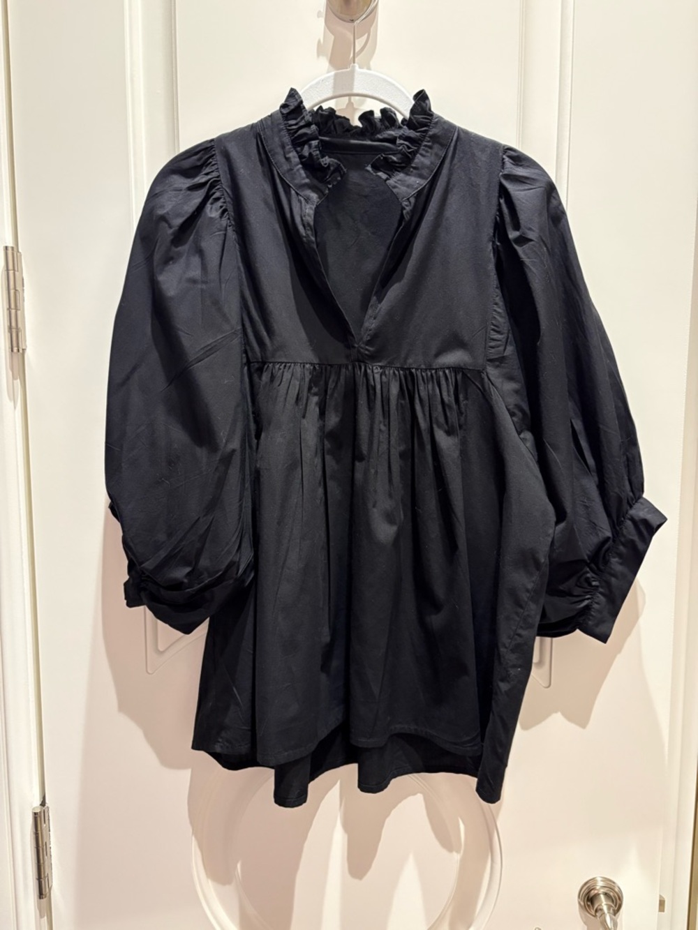 Black Ruffle-Neck Puff Sleeve Tunic Top